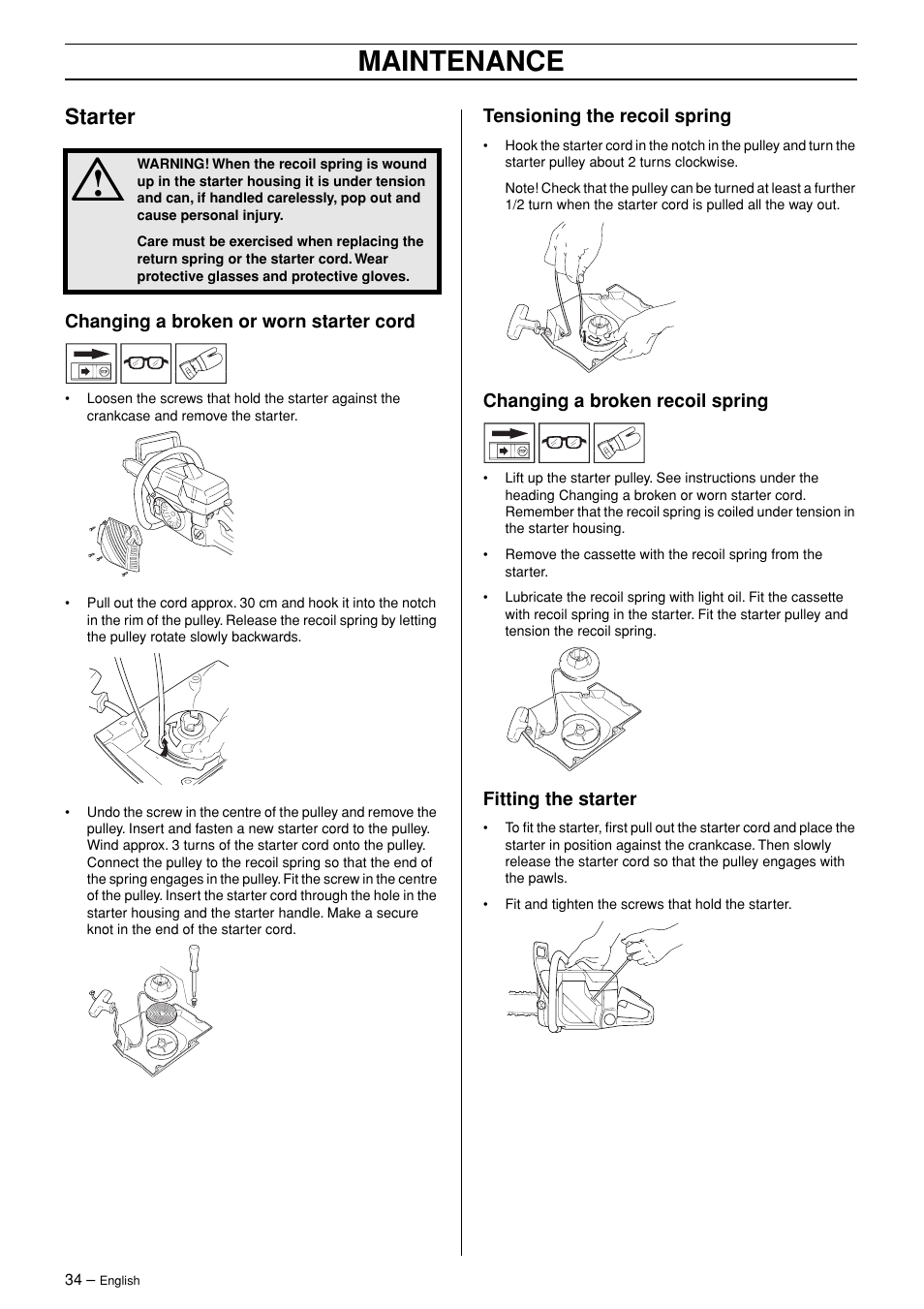 Starter, Changing a broken or worn starter cord, Tensioning the recoil spring | Changing a broken recoil spring, Fitting the starter, Maintenance | Jonsered CS 2171 User Manual | Page 34 / 40
