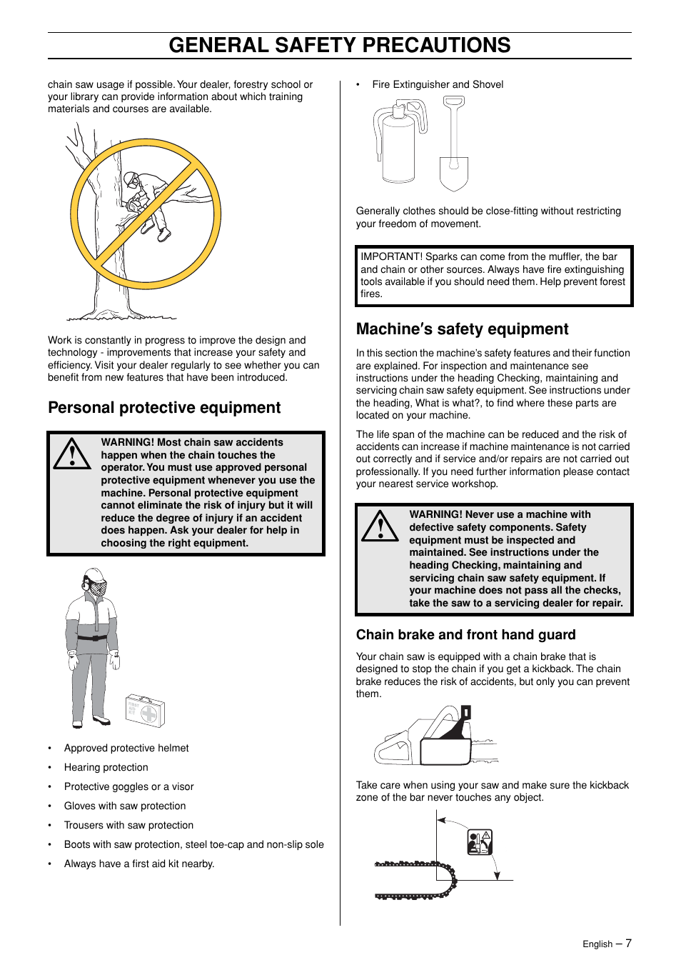 Personal protective equipment, Machine¢s safety equipment, Chain brake and front hand guard | General safety precautions, Machine ′′′′ s safety equipment | Jonsered CS 2171 User Manual | Page 7 / 40
