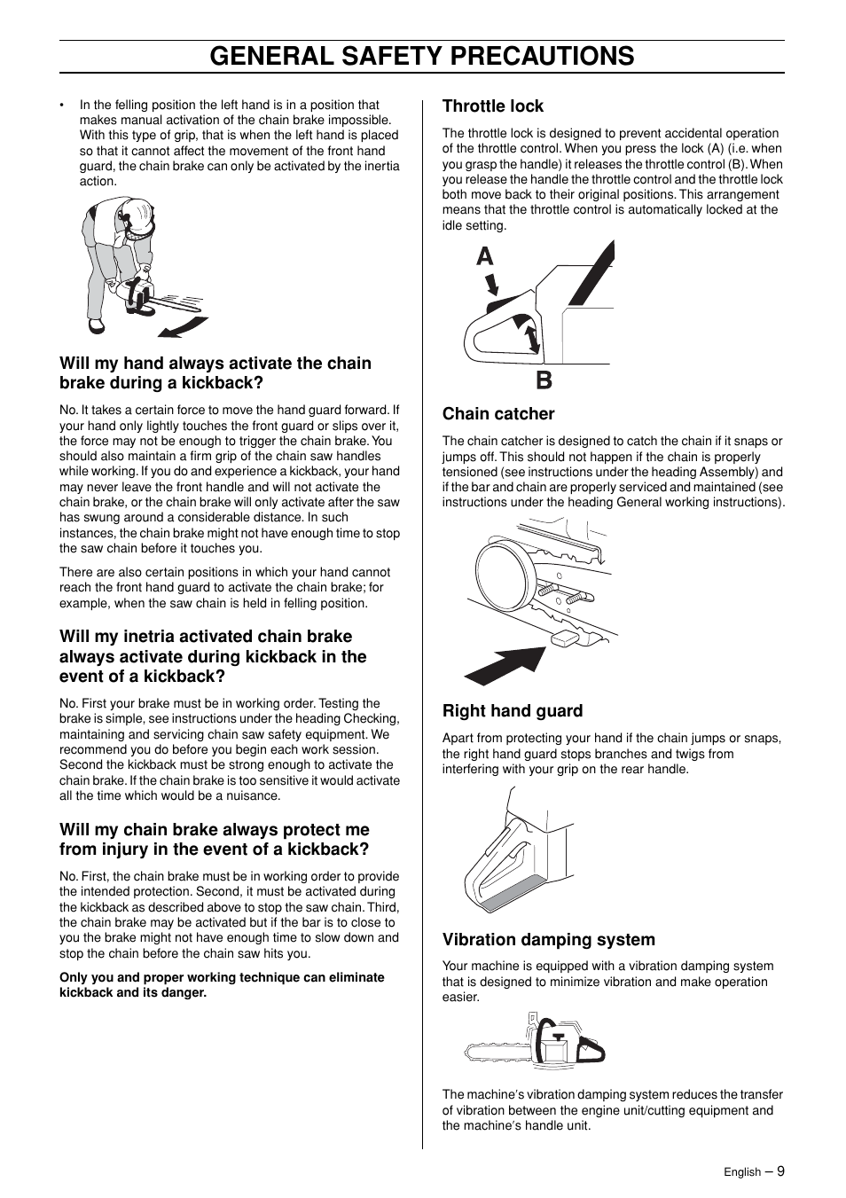 Throttle lock, Chain catcher, Right hand guard | Vibration damping system, General safety precautions | Jonsered CS 2171 User Manual | Page 9 / 40