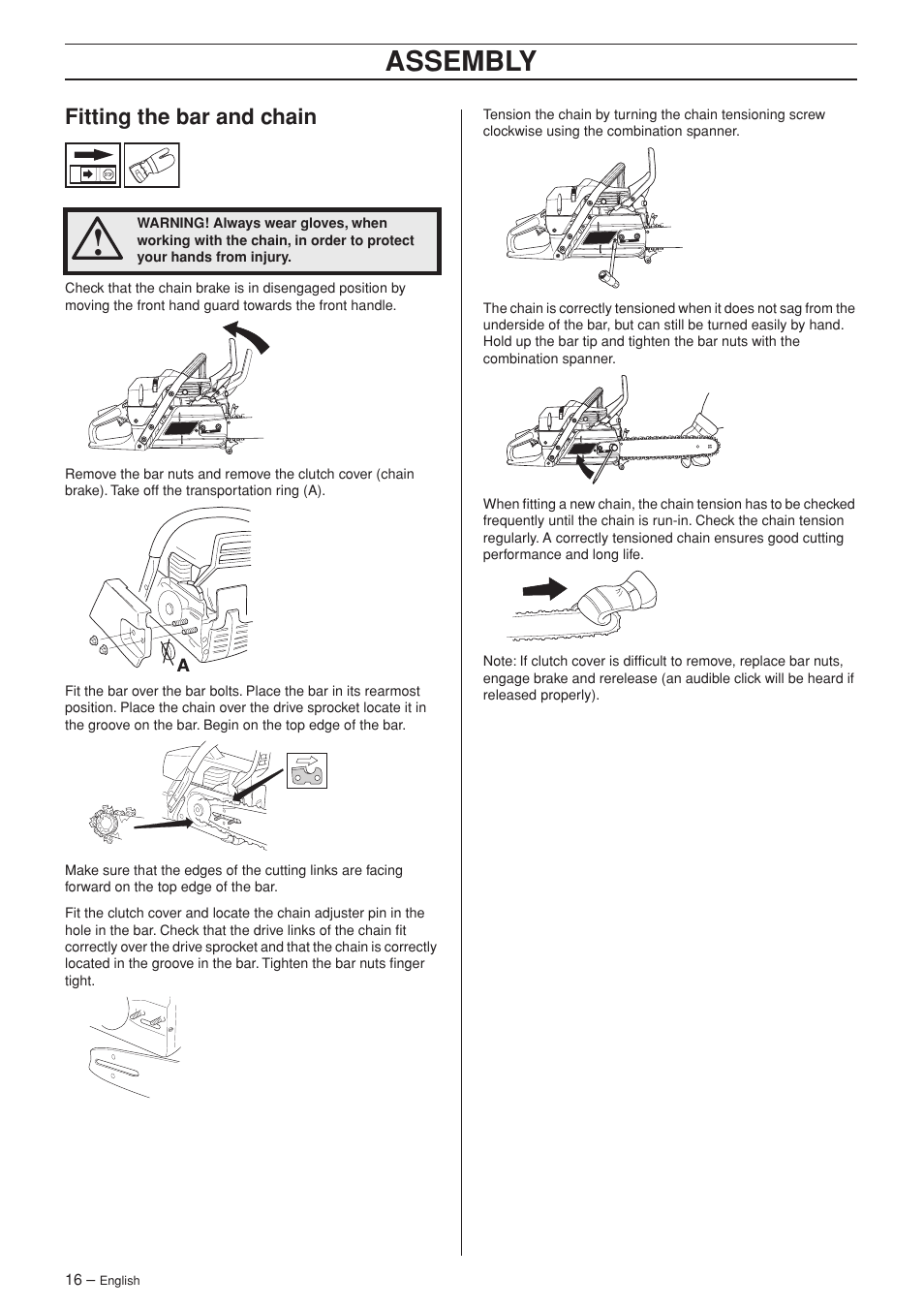 Fitting the bar and chain, Assembly | Jonsered CS 2186 User Manual | Page 16 / 44