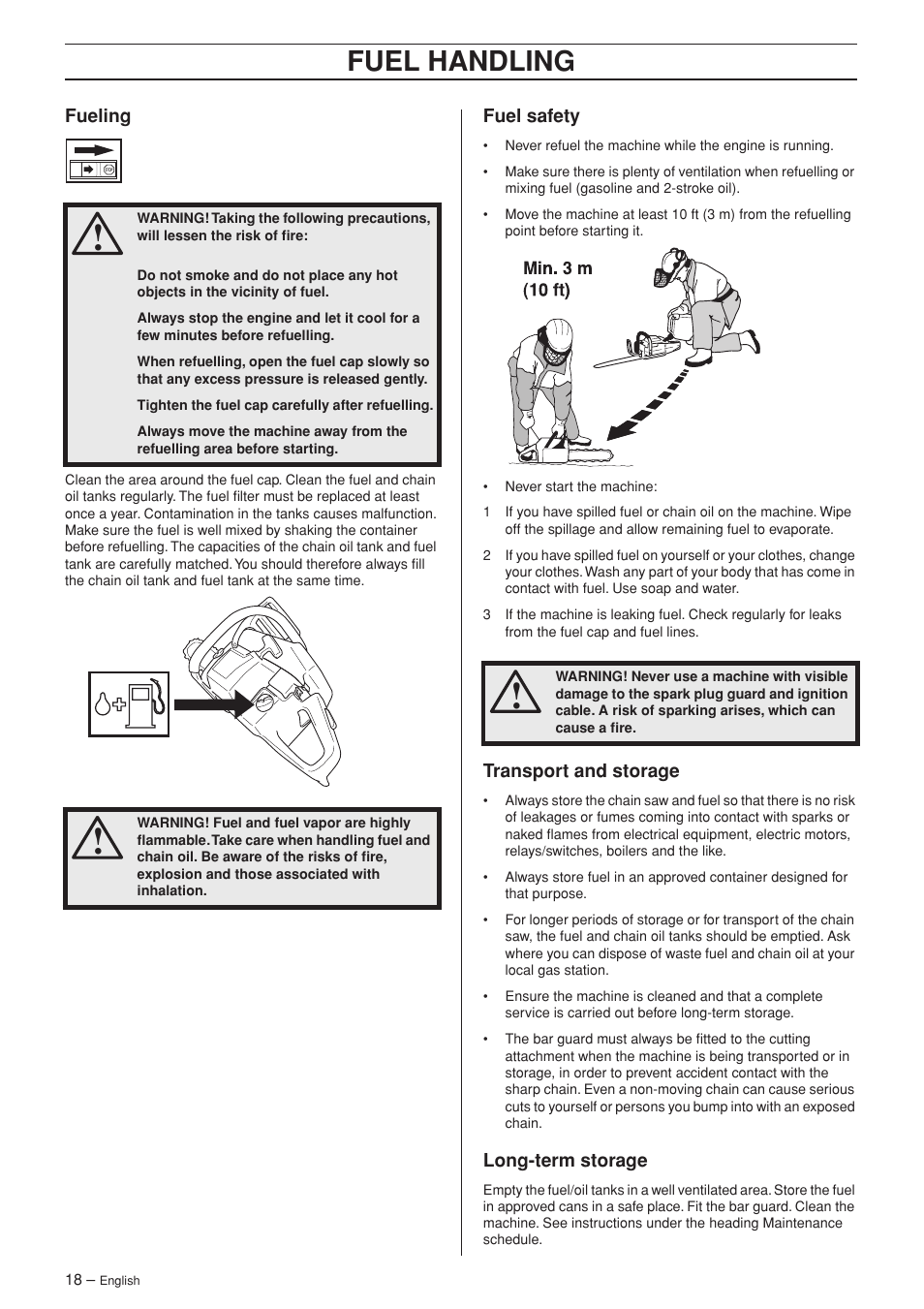 Fueling, Fuel safety, Transport and storage | Long-term storage, Fuel handling | Jonsered CS 2186 User Manual | Page 18 / 44
