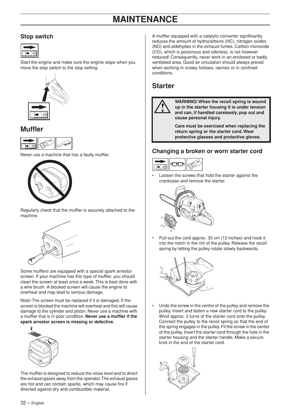Stop switch, Muffler, Starter | Changing a broken or worn starter cord, Maintenance | Jonsered CS 2186 User Manual | Page 32 / 44