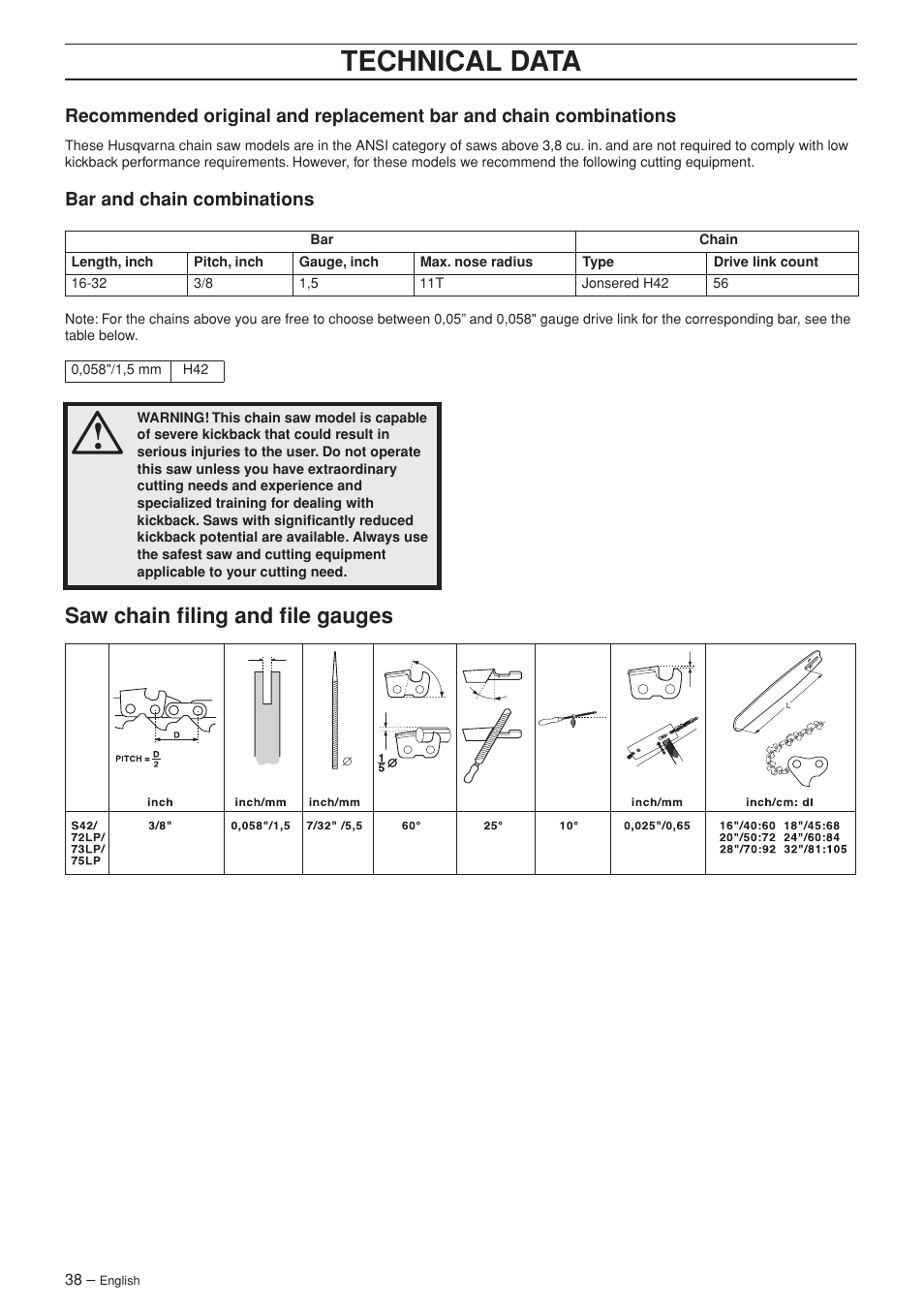 Saw chain filing and file gauges, Technical data | Jonsered CS 2186 User Manual | Page 38 / 44