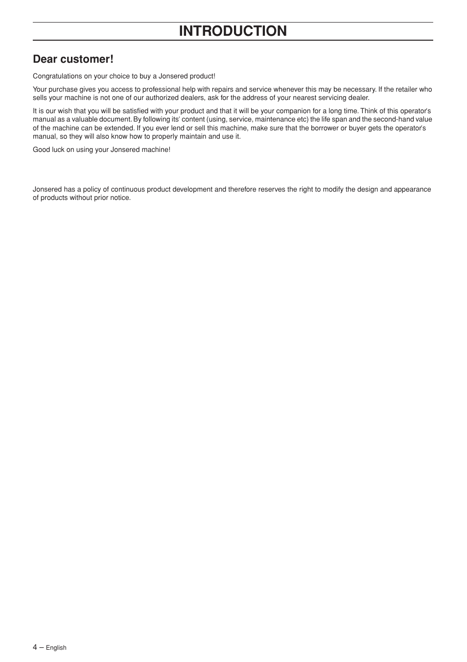 Dear customer, Intr oduction | Jonsered CS 2186 User Manual | Page 4 / 44