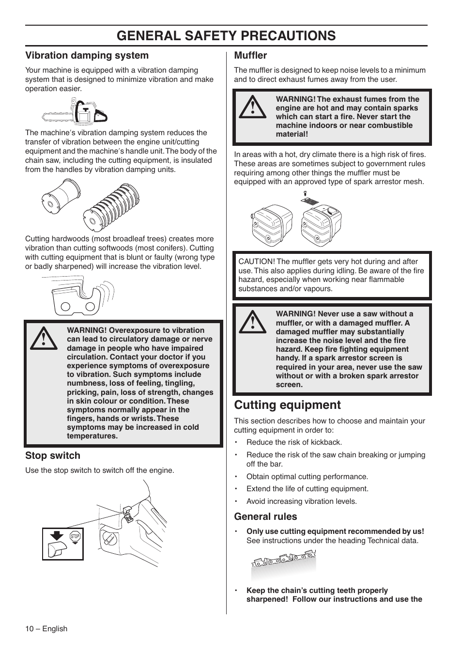 Vibration damping system, Stop switch, Muffler | Cutting equipment, General rules, General safety precautions | Jonsered CS 2145S User Manual | Page 10 / 44