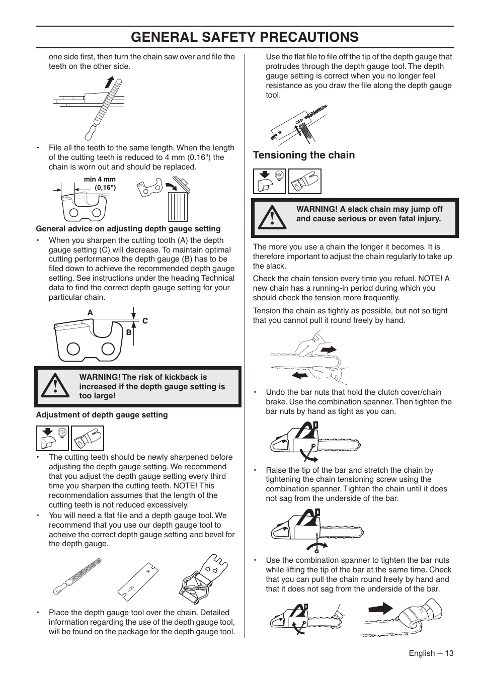 Tensioning the chain, General safety precautions | Jonsered CS 2145S User Manual | Page 13 / 44