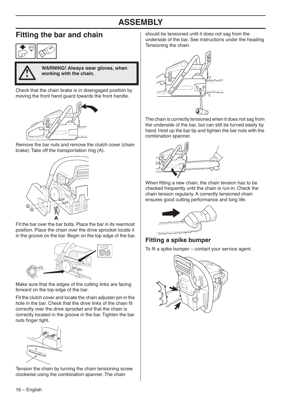 Fitting the bar and chain, Fitting a spike bumper, Assembly | Jonsered CS 2145S User Manual | Page 16 / 44