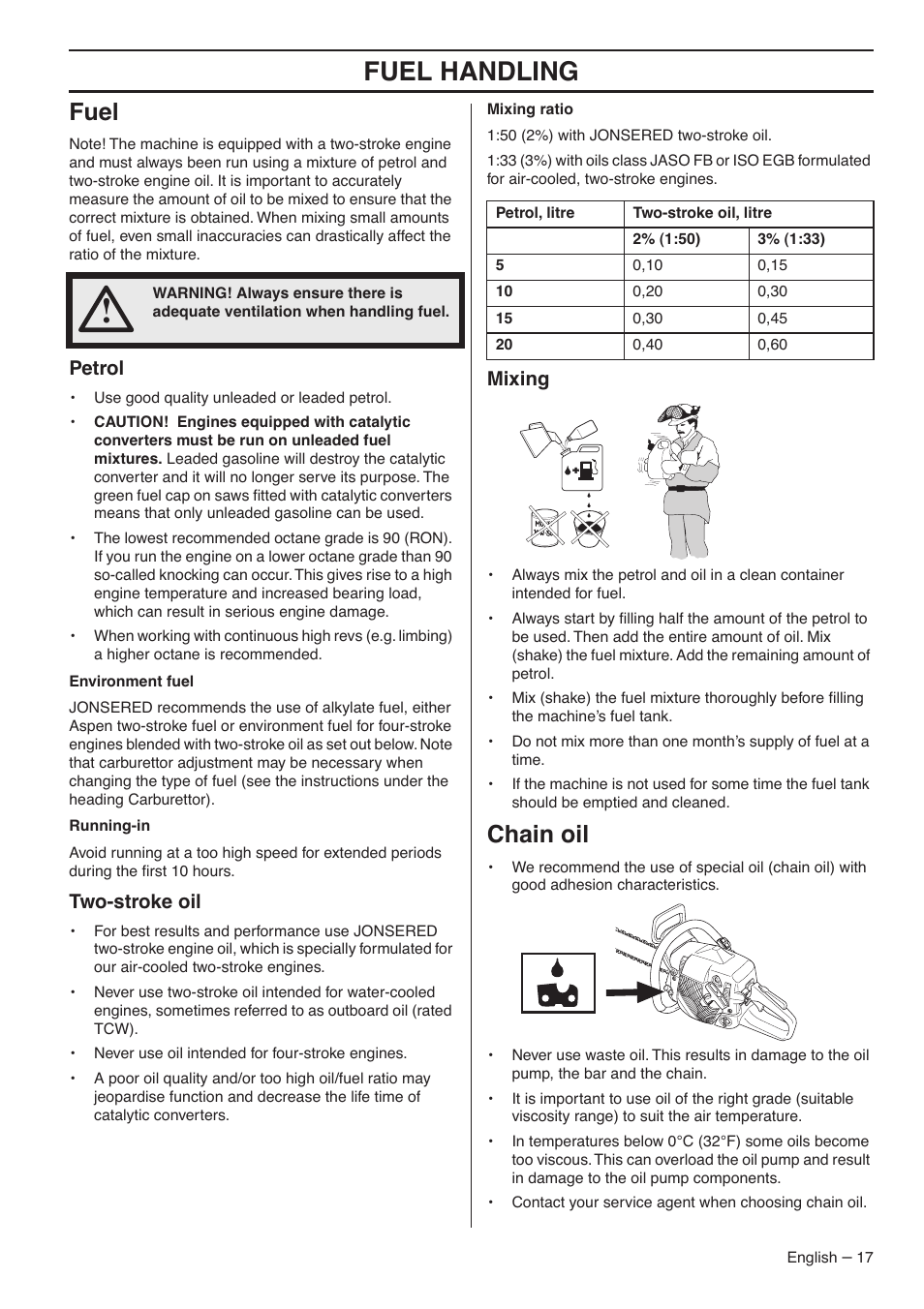 Fuel, Petrol, Two-stroke oil | Mixing, Chain oil, Fuel handling | Jonsered CS 2145S User Manual | Page 17 / 44