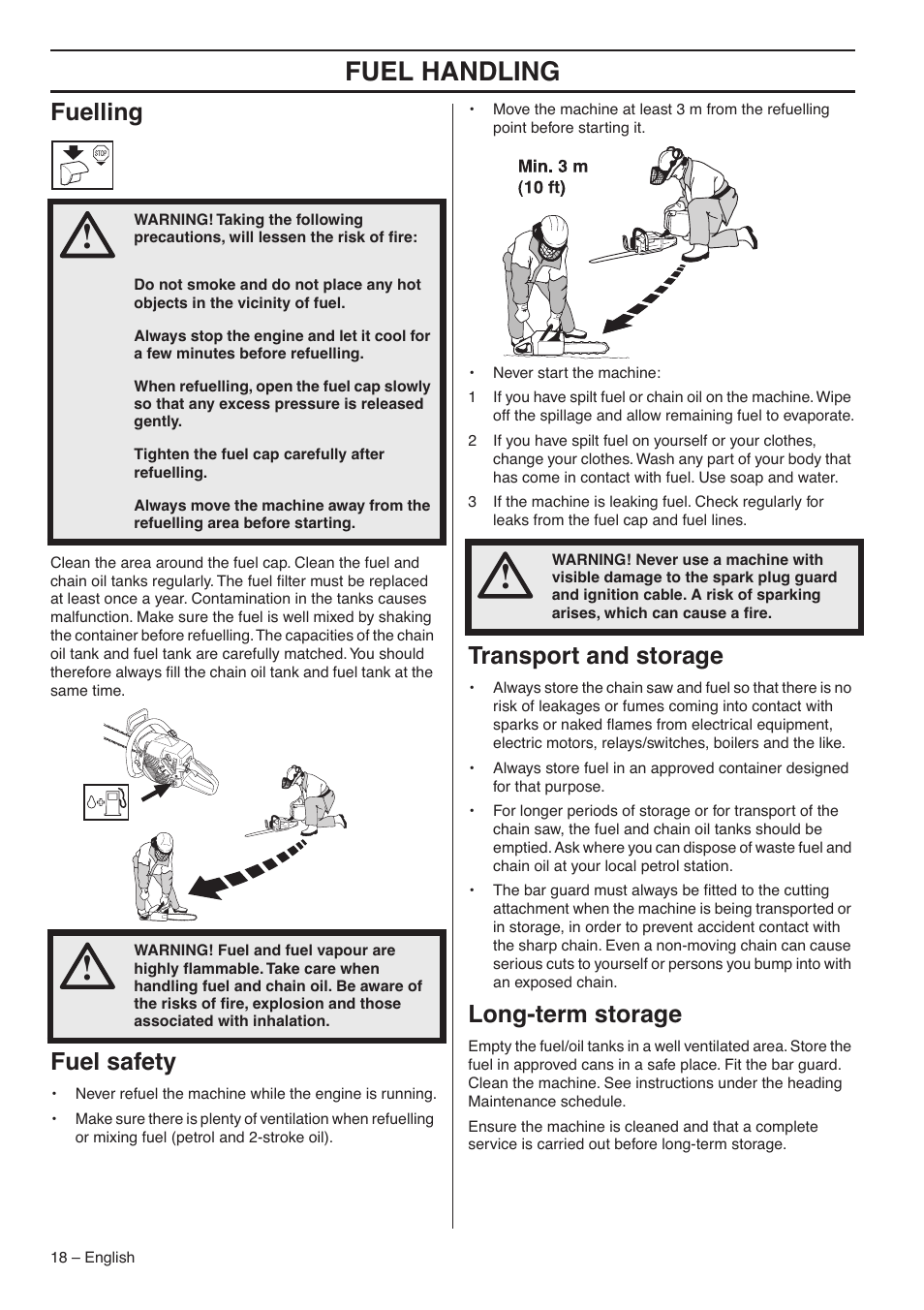 Fuelling, Fuel safety, Transport and storage | Long-term storage, Fuel handling | Jonsered CS 2145S User Manual | Page 18 / 44