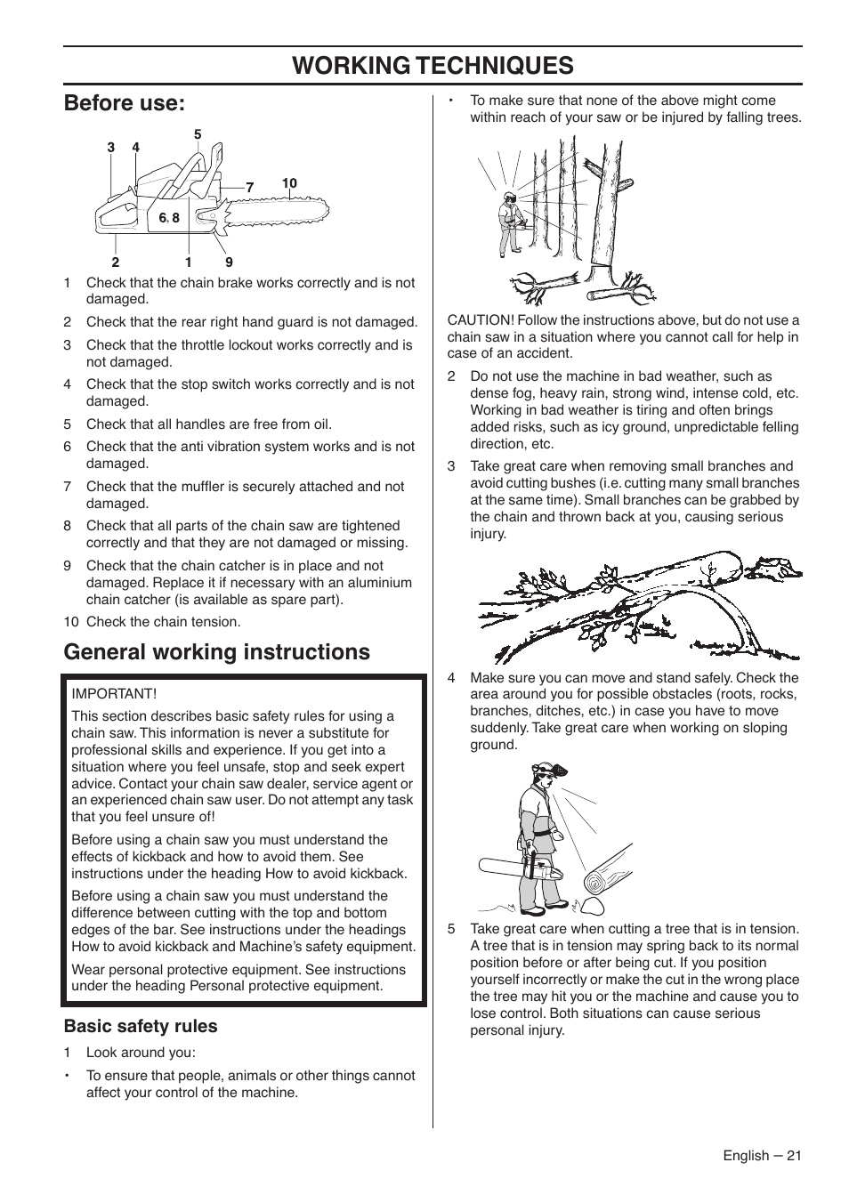 Before use, General working instructions, Basic safety rules | Working techniques | Jonsered CS 2145S User Manual | Page 21 / 44
