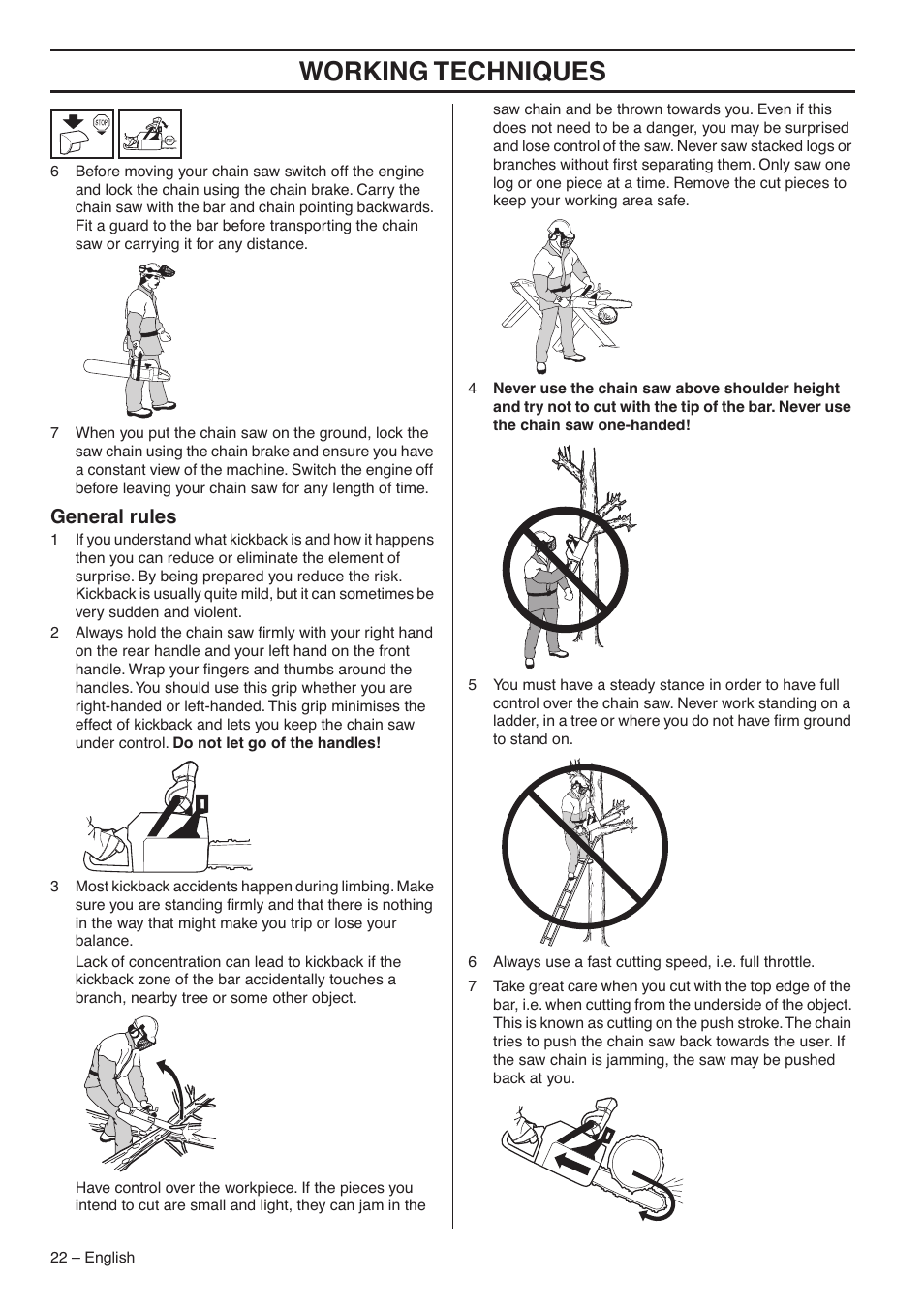 General rules, Working techniques | Jonsered CS 2145S User Manual | Page 22 / 44
