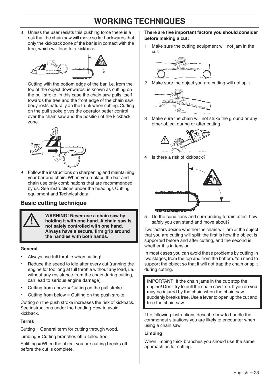 Basic cutting technique, Working techniques | Jonsered CS 2145S User Manual | Page 23 / 44