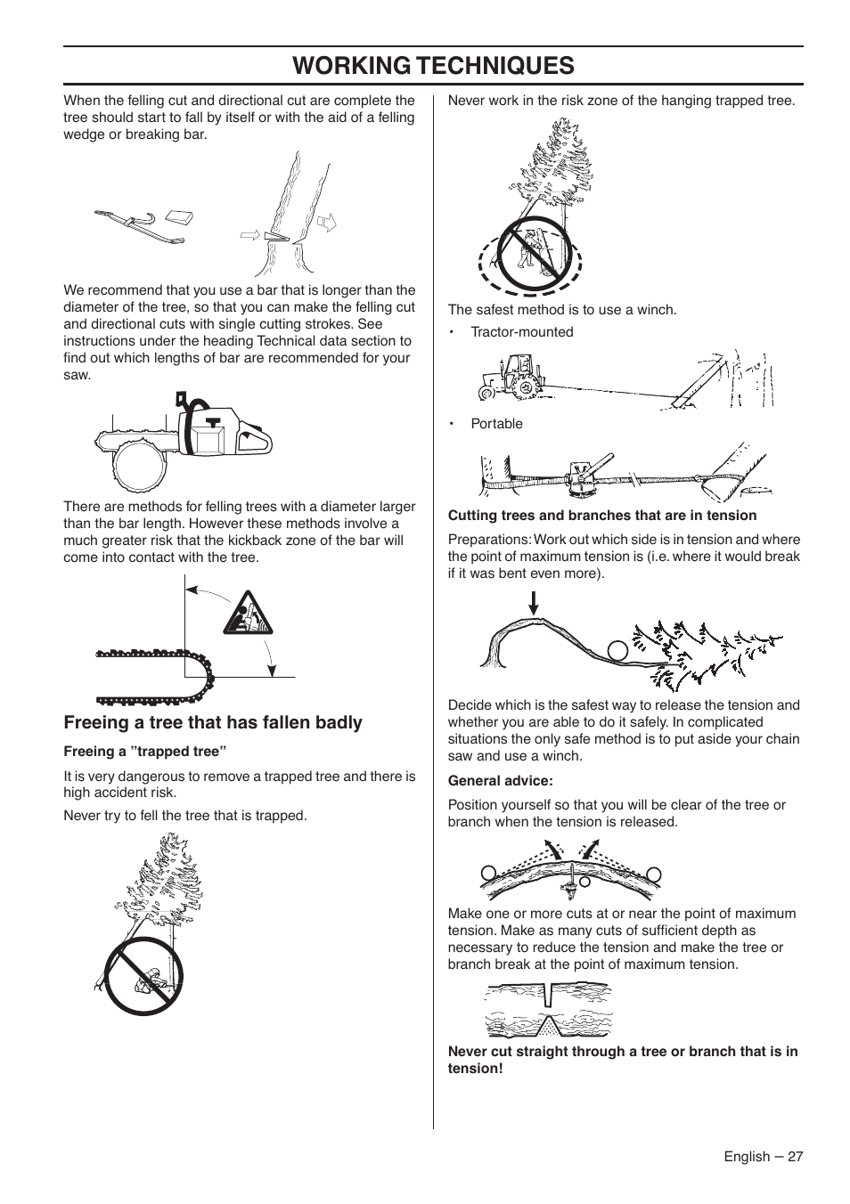 Freeing a tree that has fallen badly, Working techniques | Jonsered CS 2145S User Manual | Page 27 / 44