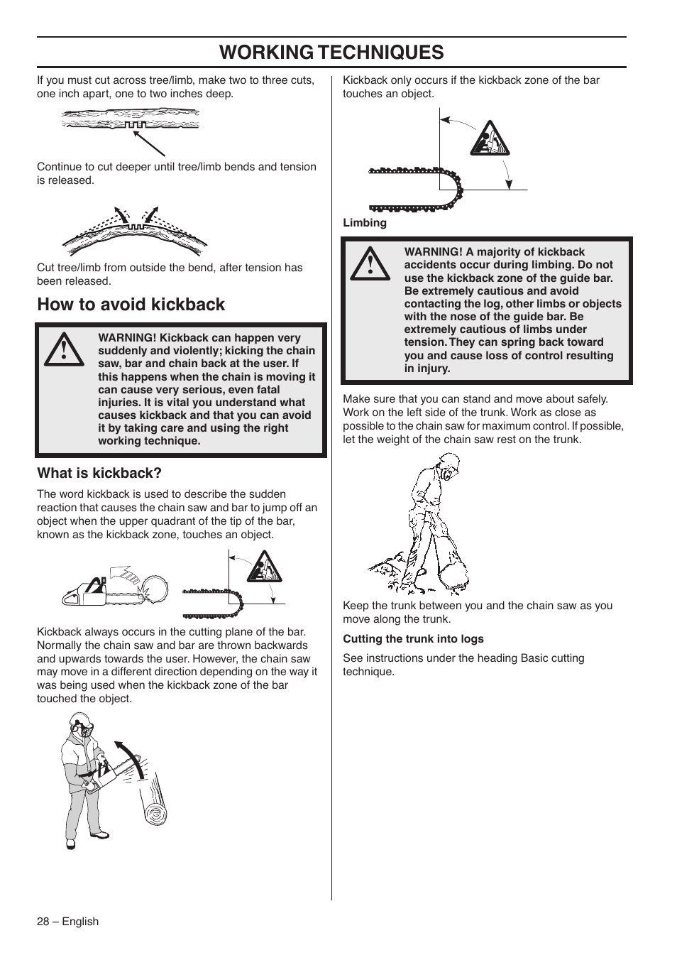 How to avoid kickback, What is kickback, Working techniques | Jonsered CS 2145S User Manual | Page 28 / 44