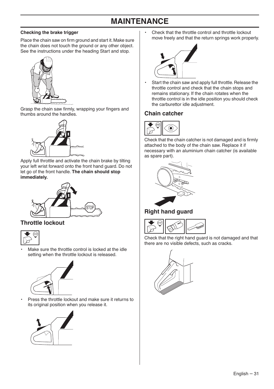 Throttle lockout, Chain catcher, Right hand guard | Maintenance | Jonsered CS 2145S User Manual | Page 31 / 44