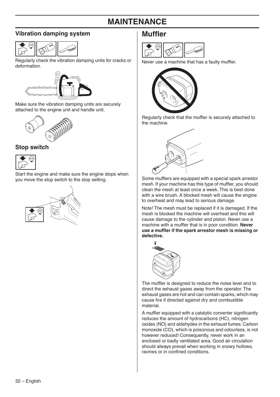Vibration damping system, Stop switch, Muffler | Maintenance, Mufﬂer | Jonsered CS 2145S User Manual | Page 32 / 44