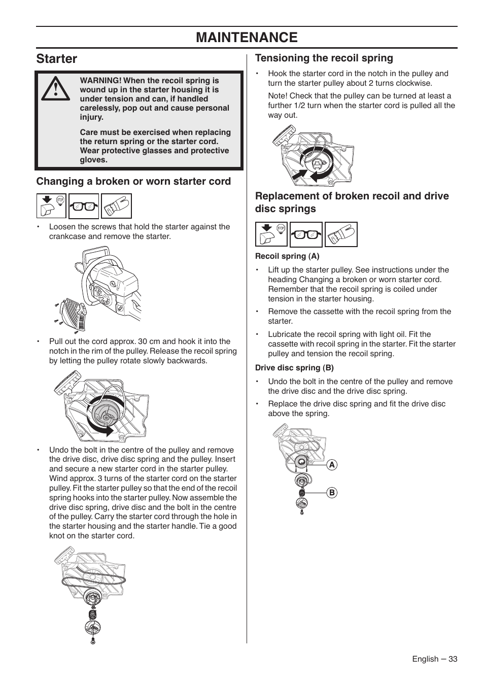 Starter, Changing a broken or worn starter cord, Tensioning the recoil spring | Maintenance | Jonsered CS 2145S User Manual | Page 33 / 44