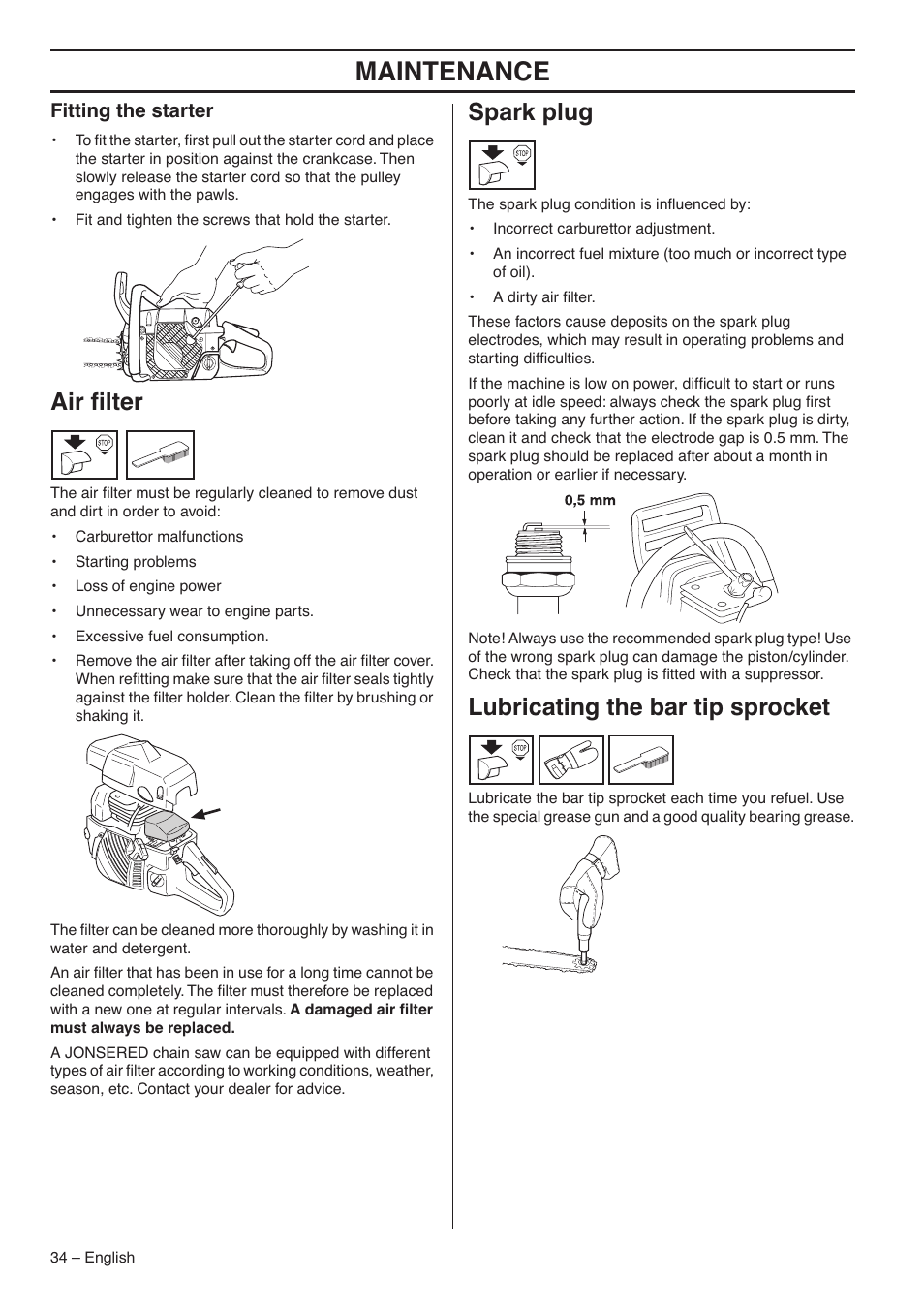 Fitting the starter, Air filter, Spark plug | Lubricating the bar tip sprocket, Maintenance, Air ﬁlter | Jonsered CS 2145S User Manual | Page 34 / 44