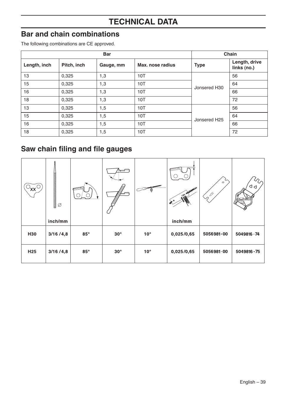 Bar and chain combinations, Saw chain filing and file gauges, Technical data | Saw chain ﬁling and ﬁle gauges | Jonsered CS 2145S User Manual | Page 39 / 44