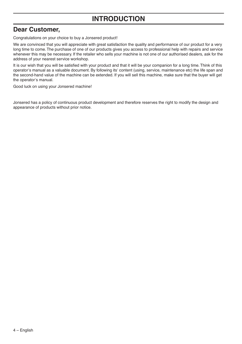 Dear customer, Intr oduction | Jonsered CS 2145S User Manual | Page 4 / 44