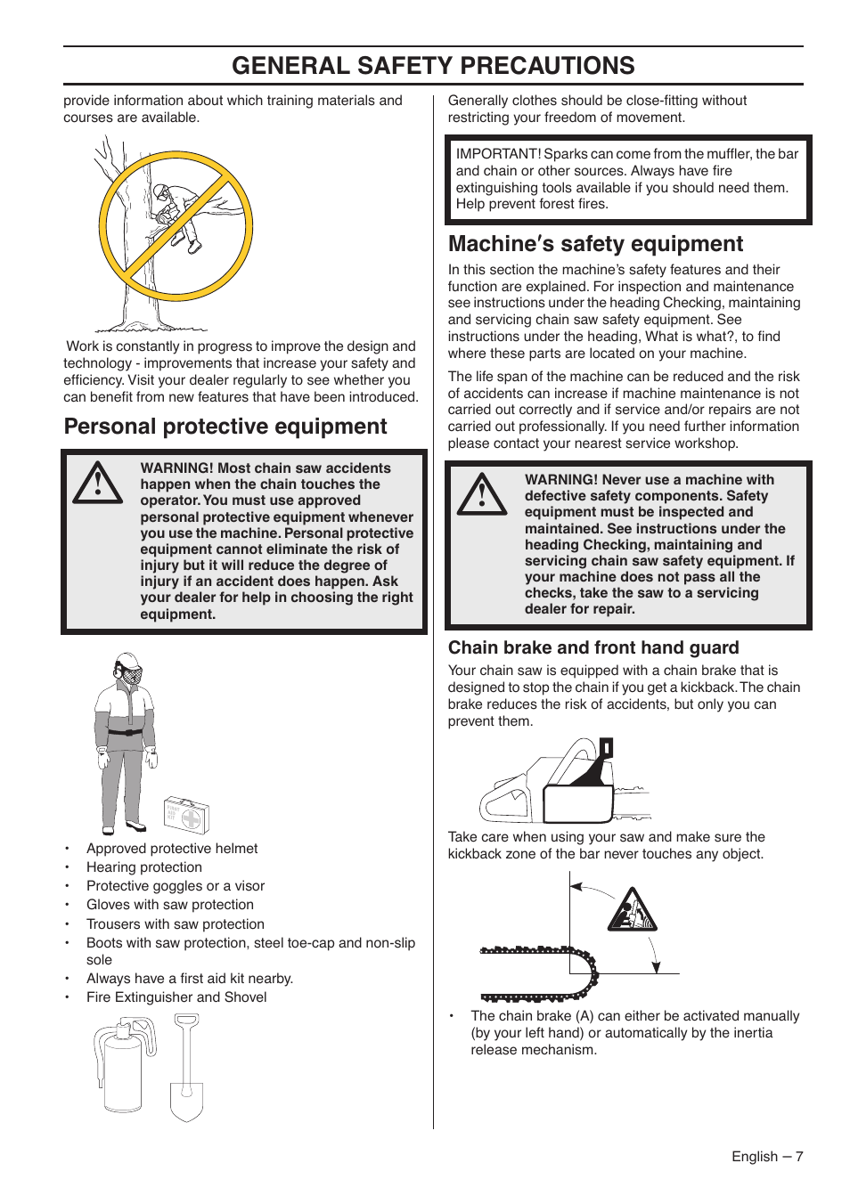 Personal protective equipment, Machine¢s safety equipment, Chain brake and front hand guard | General safety preca utions, P ersonal protective equipment, Mac hine ′′′′ s safety equipment | Jonsered CS 2145S User Manual | Page 7 / 44