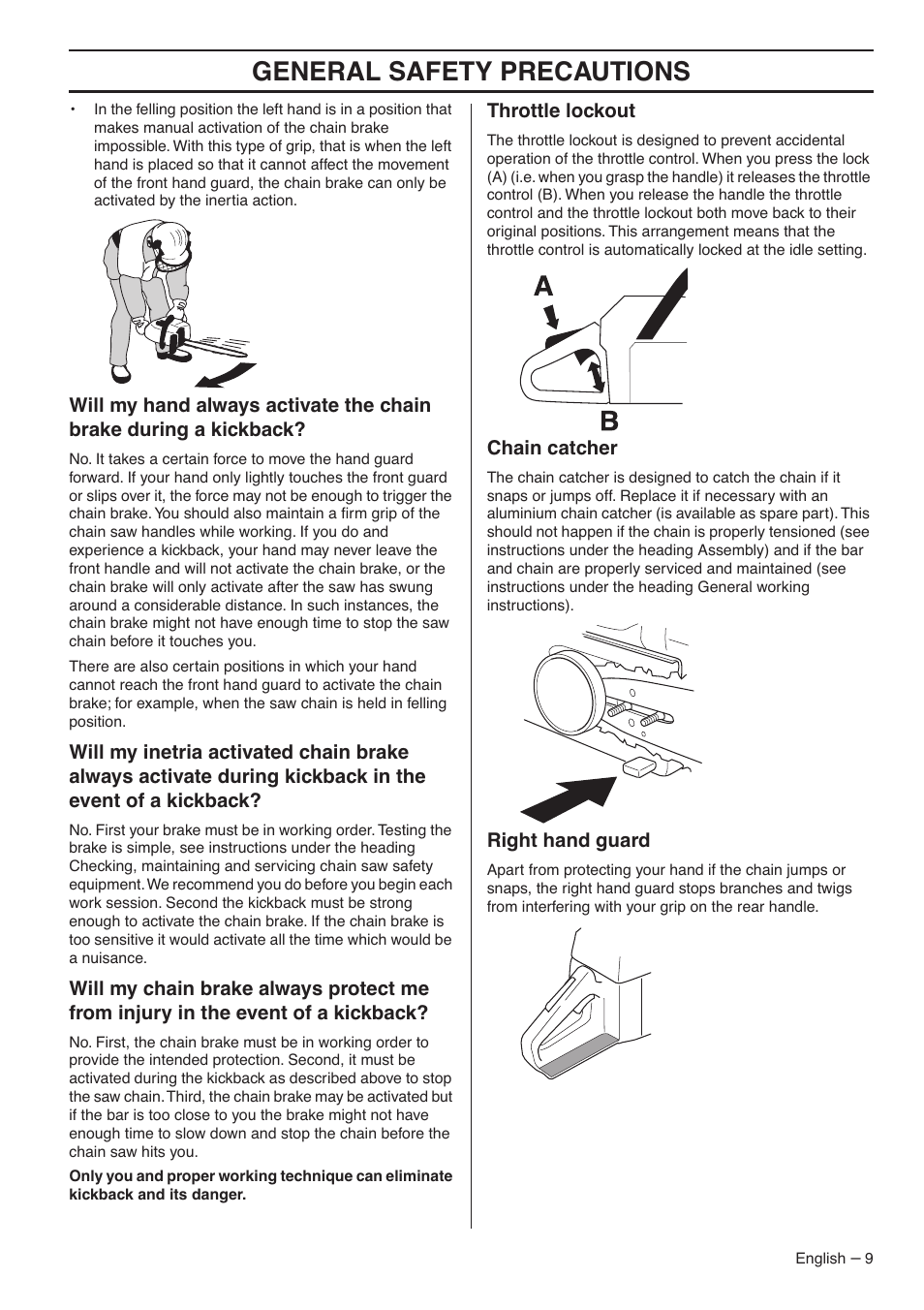 Throttle lockout, Chain catcher, Right hand guard | General safety precautions | Jonsered CS 2145S User Manual | Page 9 / 44