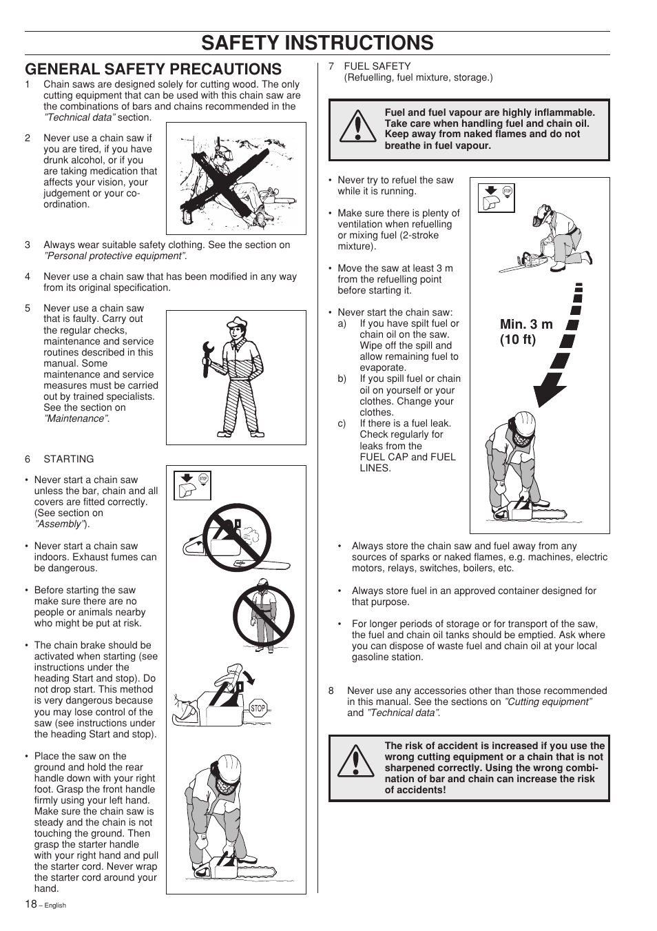 Safety instructions, General safety precautions, Min. 3 m (10 ft) | Jonsered CS 2141 User Manual | Page 18 / 36