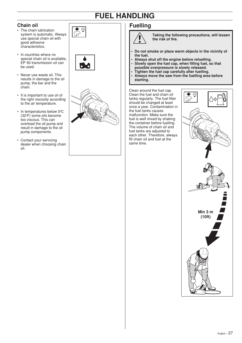 Fuel handling, Fuelling | Jonsered CS 2141 User Manual | Page 27 / 36