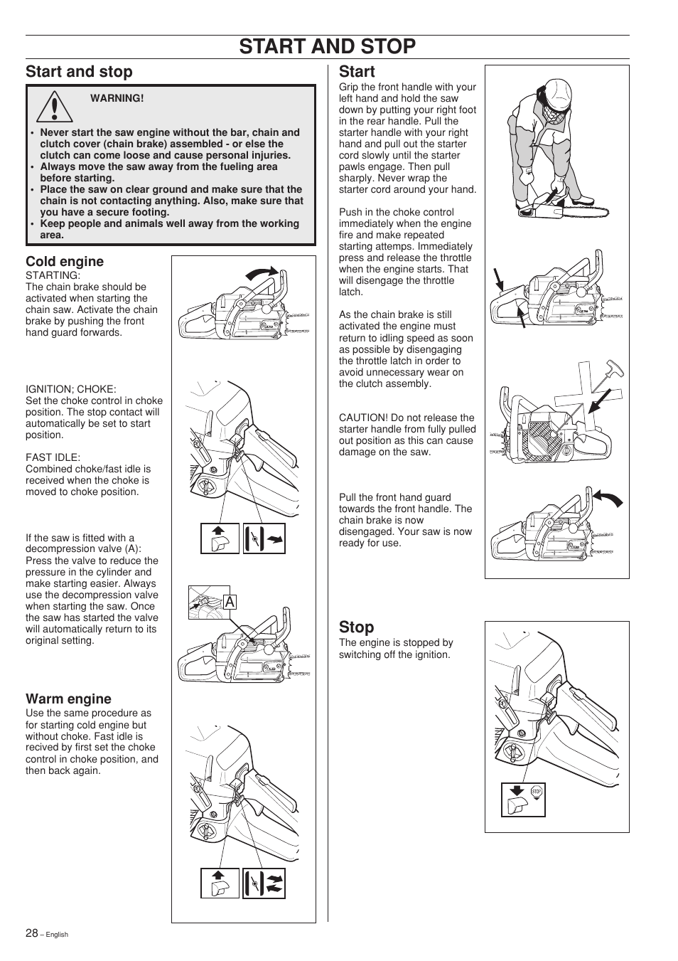 Start and stop, Stop, Start | Jonsered CS 2141 User Manual | Page 28 / 36