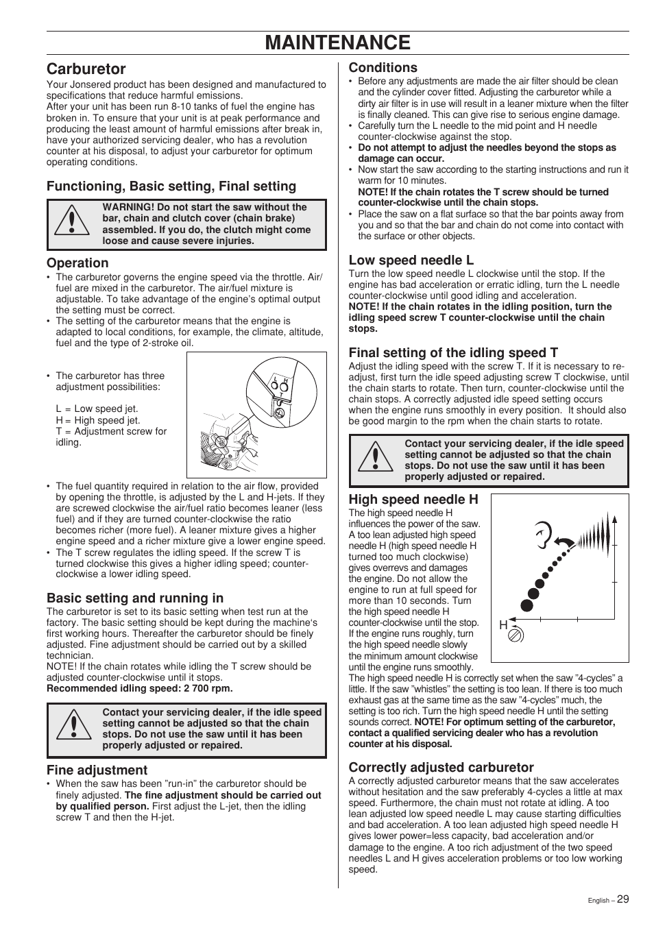 Maintenance, Carburetor | Jonsered CS 2141 User Manual | Page 29 / 36