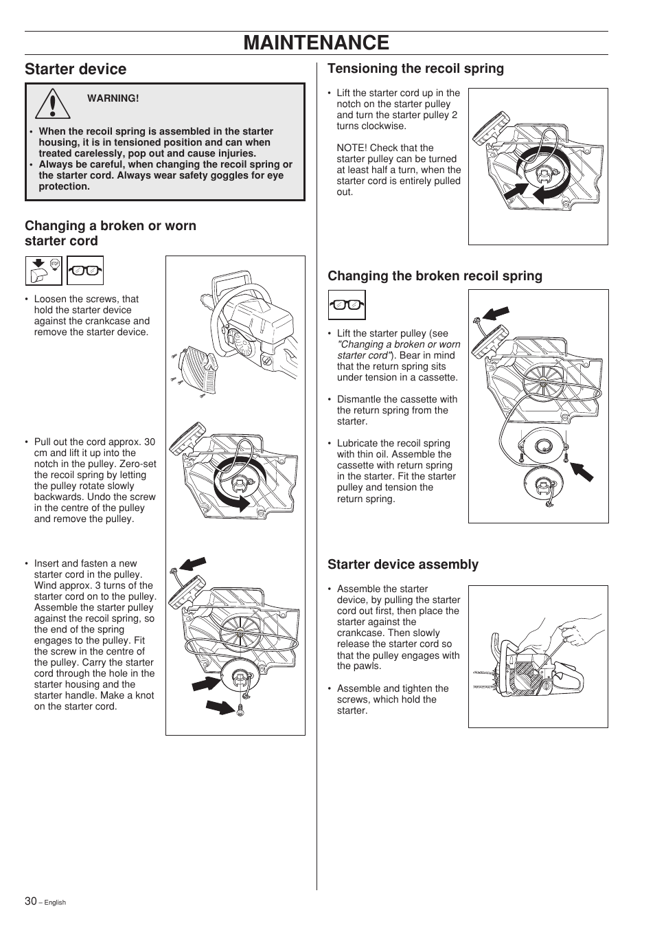 Maintenance, Starter device | Jonsered CS 2141 User Manual | Page 30 / 36