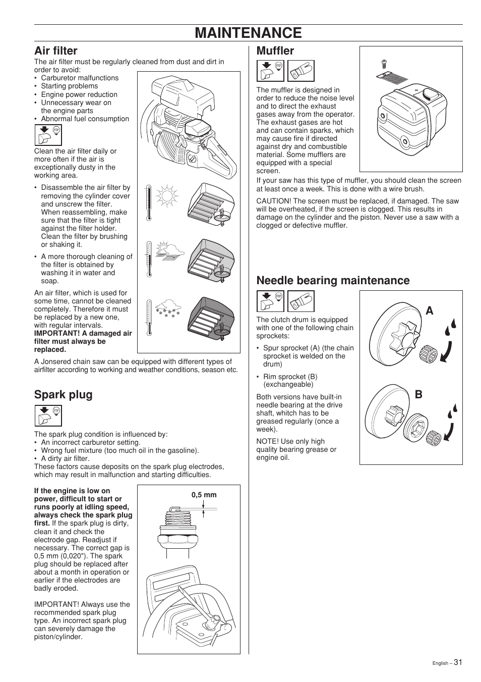 Maintenance, Muffler, Spark plug | Air filter, Needle bearing maintenance | Jonsered CS 2141 User Manual | Page 31 / 36