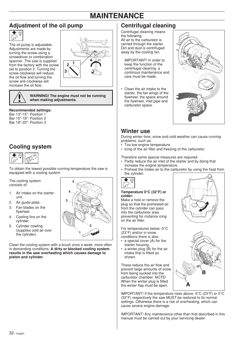 Maintenance, Cooling system, Centrifugal cleaning | Winter use, Adjustment of the oil pump | Jonsered CS 2141 User Manual | Page 32 / 36