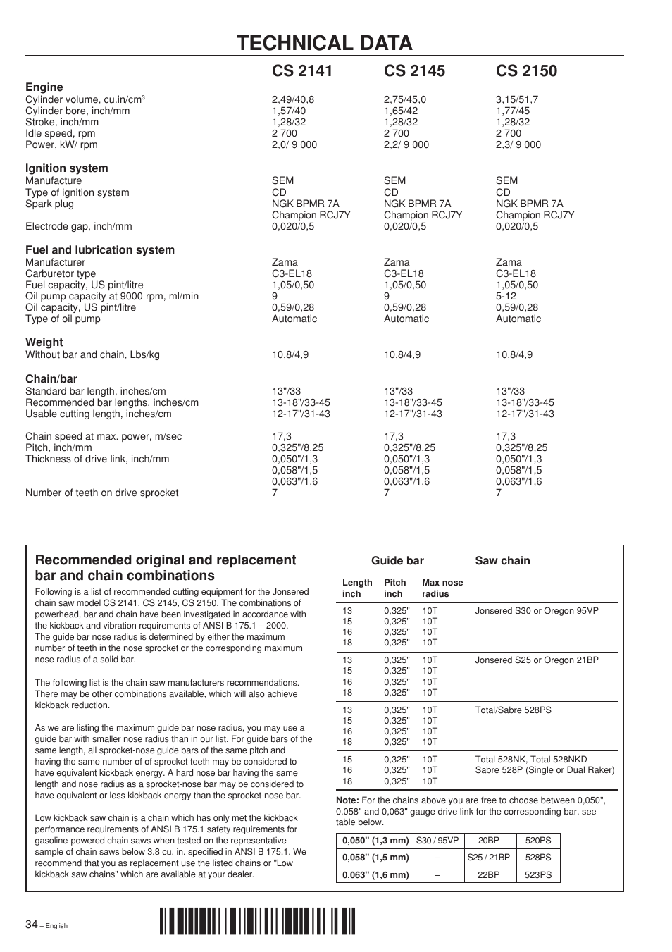 Technical data, Z*xv)¶5, Cs 2141 | Cs 2145, Cs 2150 | Jonsered CS 2141 User Manual | Page 34 / 36