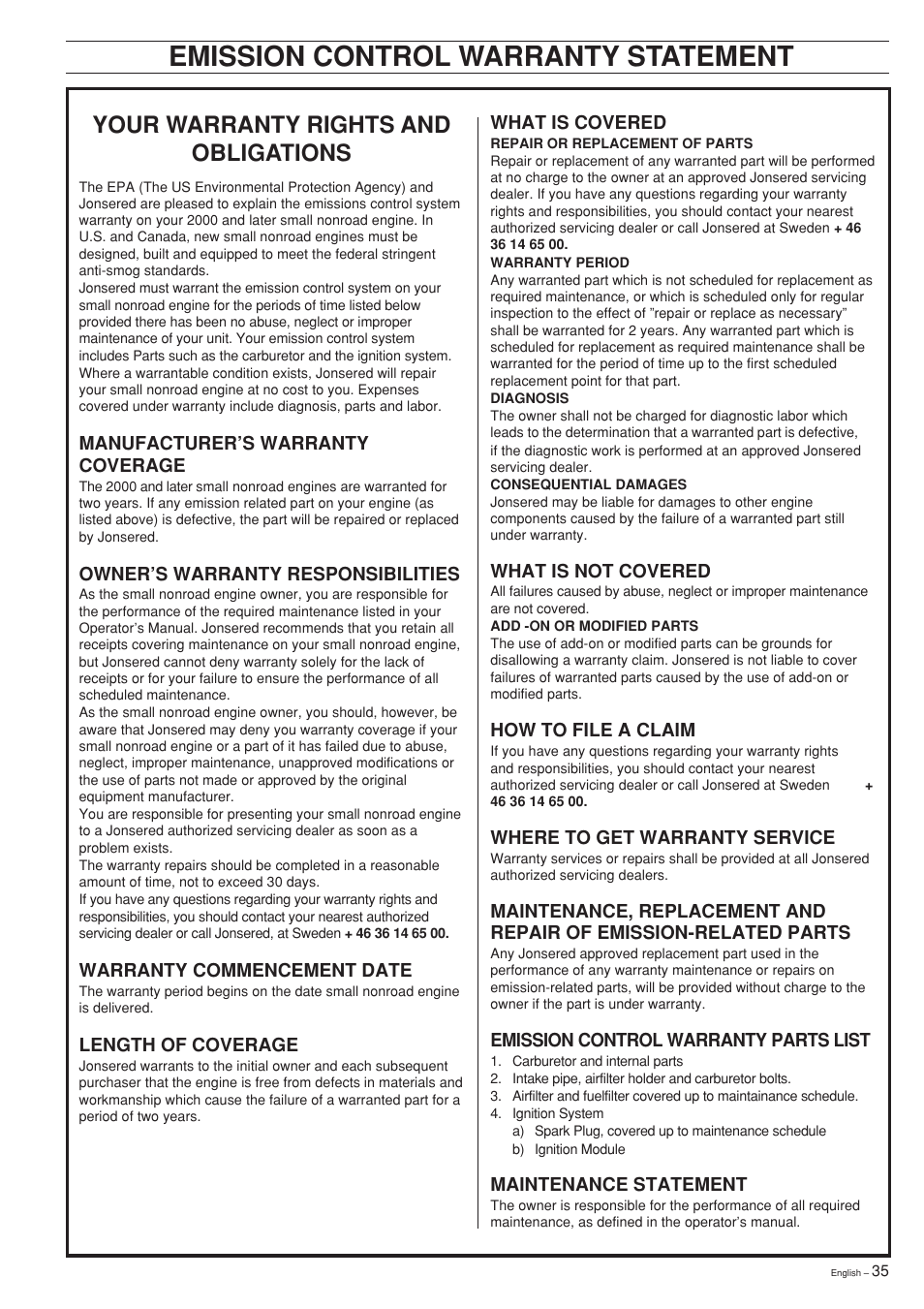 Emission control warranty statement, Your warranty rights and obligations | Jonsered CS 2141 User Manual | Page 35 / 36