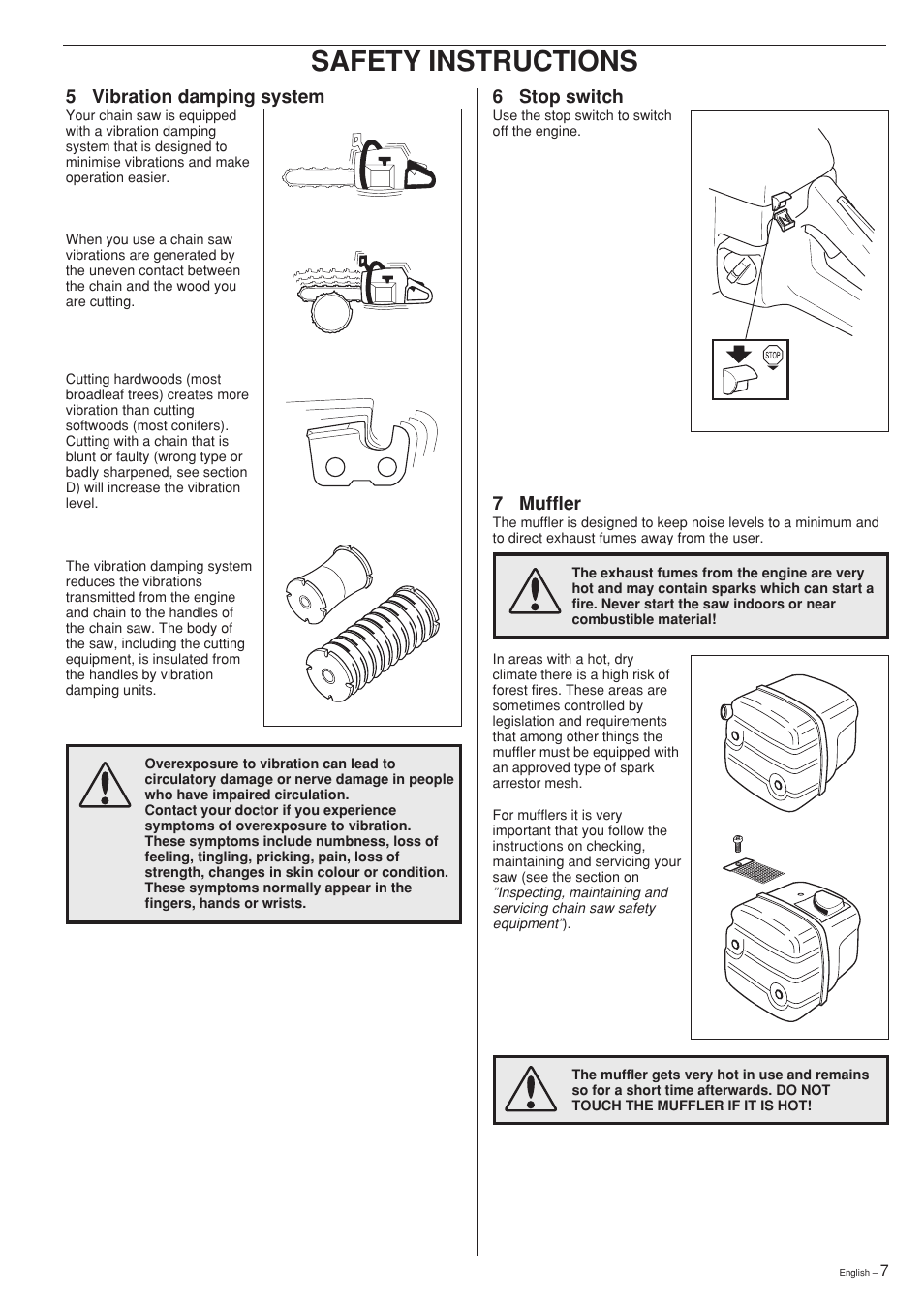 Safety instructions, 6 stop switch, 5 vibration damping system | 7 muffler | Jonsered CS 2141 User Manual | Page 7 / 36