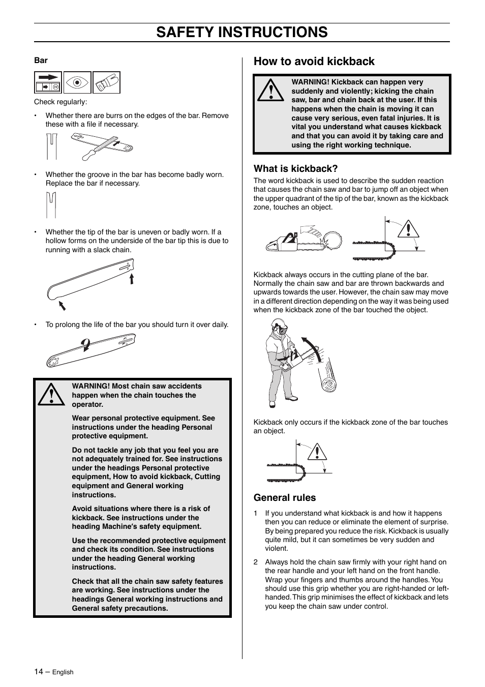 How to avoid kickback, What is kickback, General rules | Safety instructions | Jonsered CS2163 User Manual | Page 14 / 36