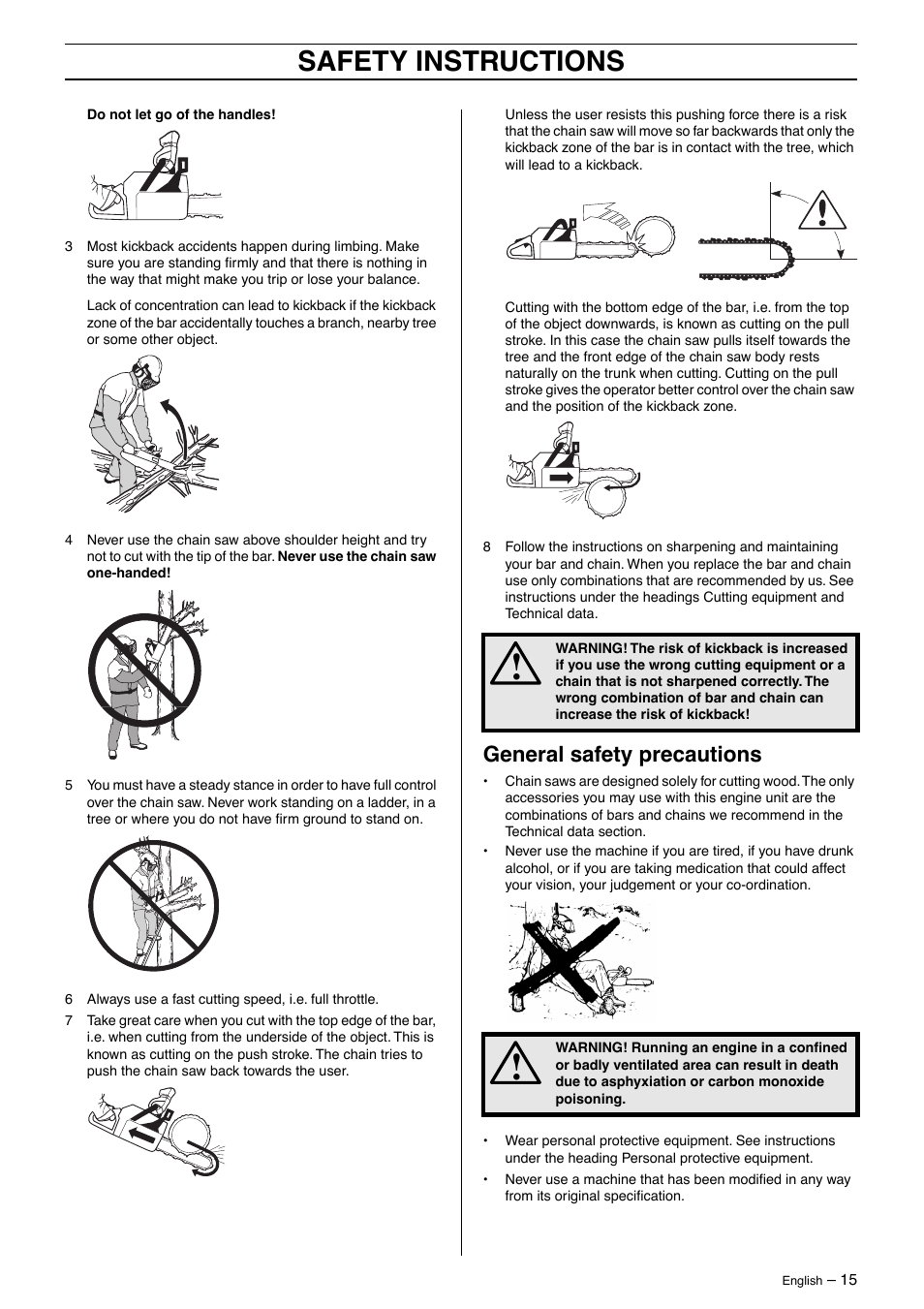 General safety precautions, Safety instructions | Jonsered CS2163 User Manual | Page 15 / 36