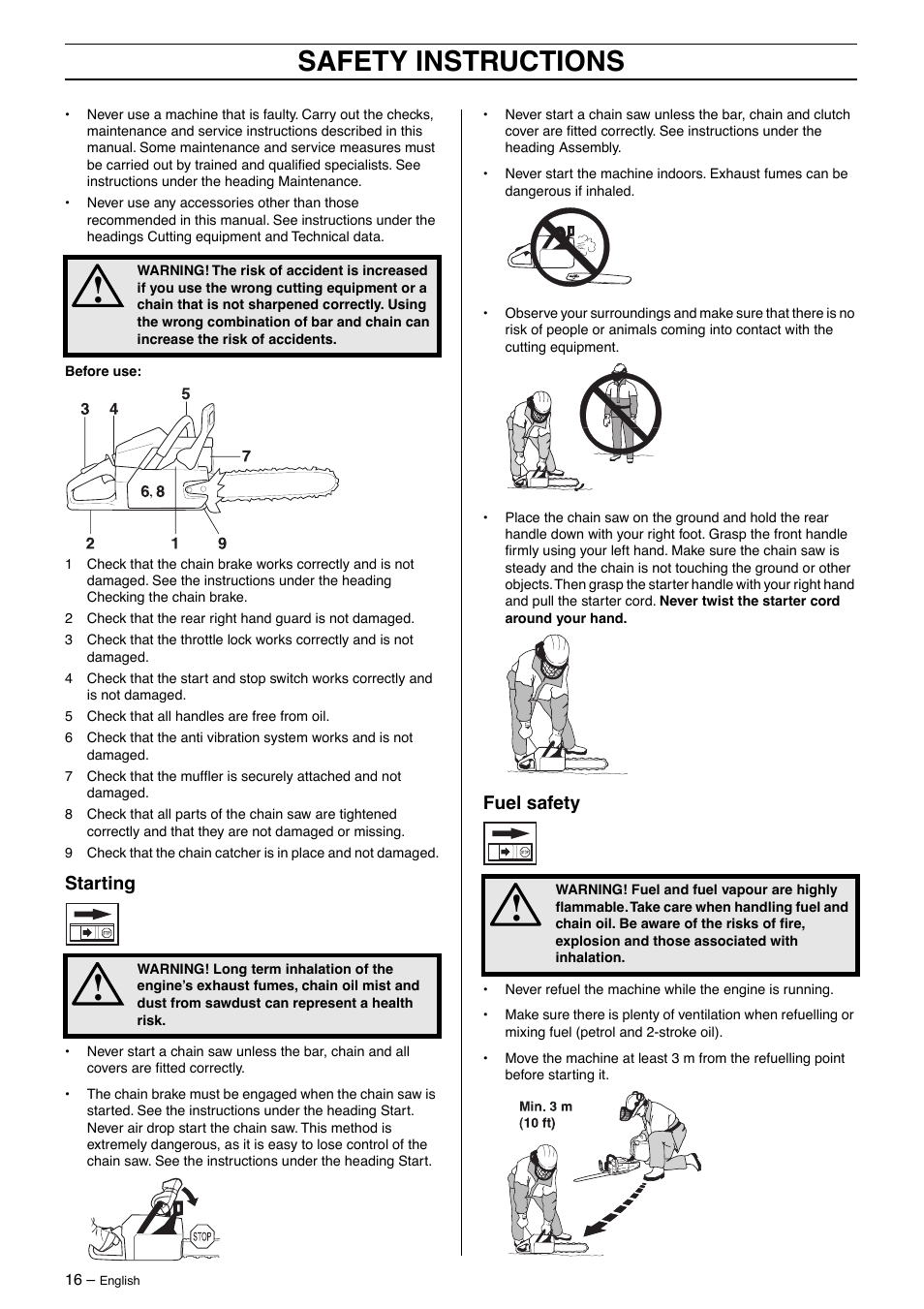 Starting, Fuel safety, Safety instructions | Jonsered CS2163 User Manual | Page 16 / 36
