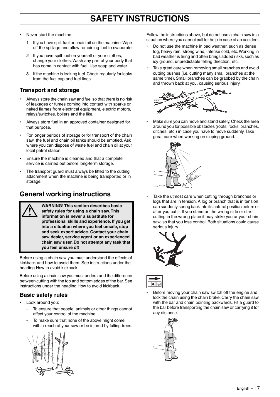 Transport and storage, General working instructions, Basic safety rules | Safety instructions | Jonsered CS2163 User Manual | Page 17 / 36