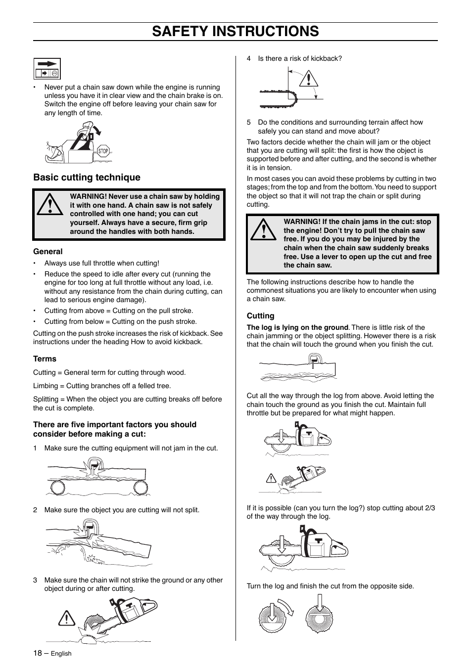 Basic cutting technique, Safety instructions | Jonsered CS2163 User Manual | Page 18 / 36