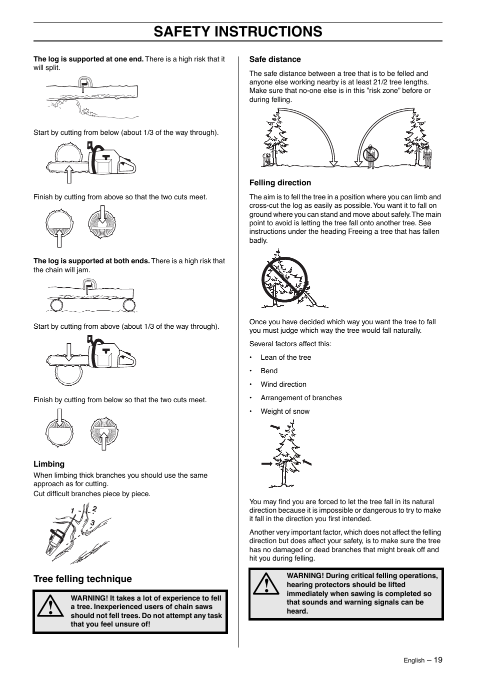 Tree felling technique, Safety instructions | Jonsered CS2163 User Manual | Page 19 / 36