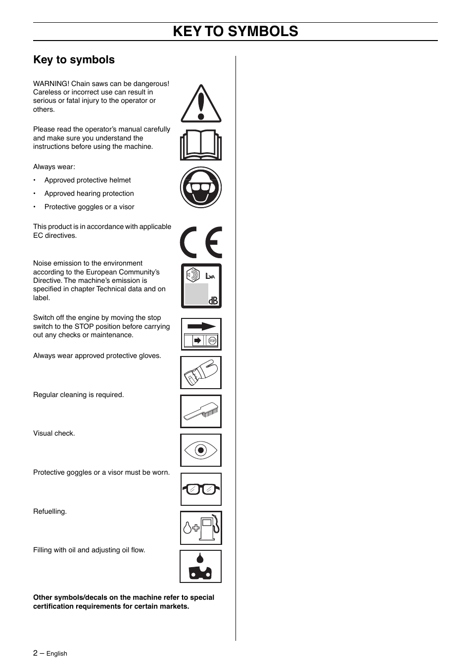 Key to symbols | Jonsered CS2163 User Manual | Page 2 / 36