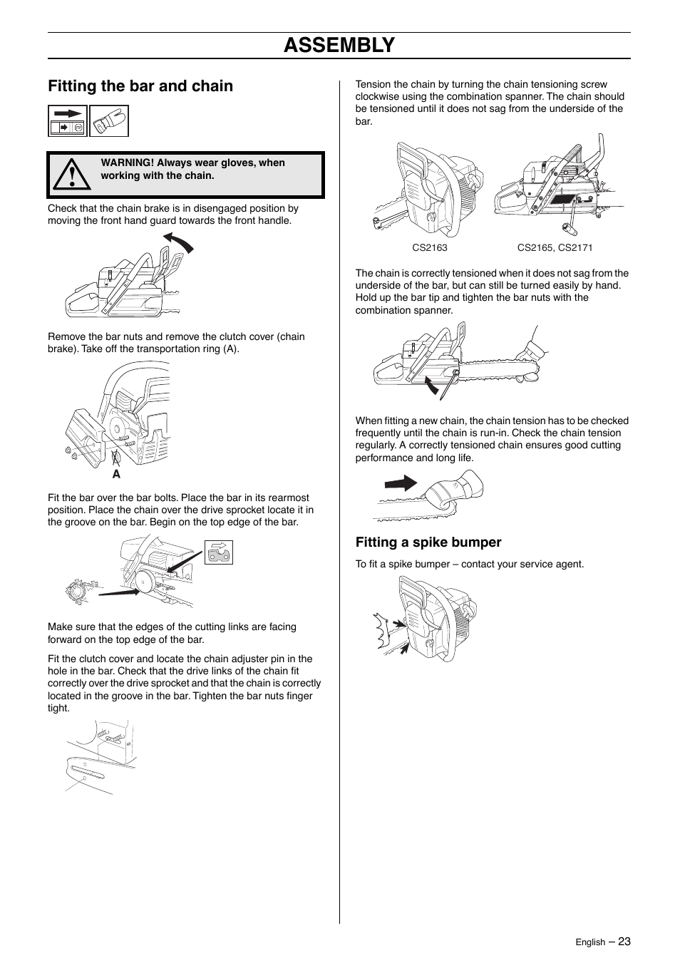 Fitting the bar and chain, Fitting a spike bumper, Assembly | Jonsered CS2163 User Manual | Page 23 / 36
