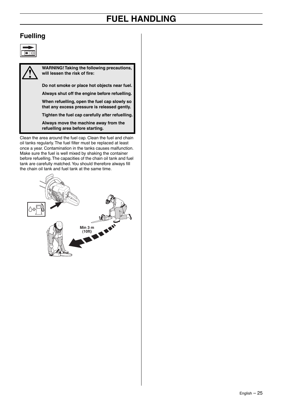 Fuelling, Fuel handling | Jonsered CS2163 User Manual | Page 25 / 36