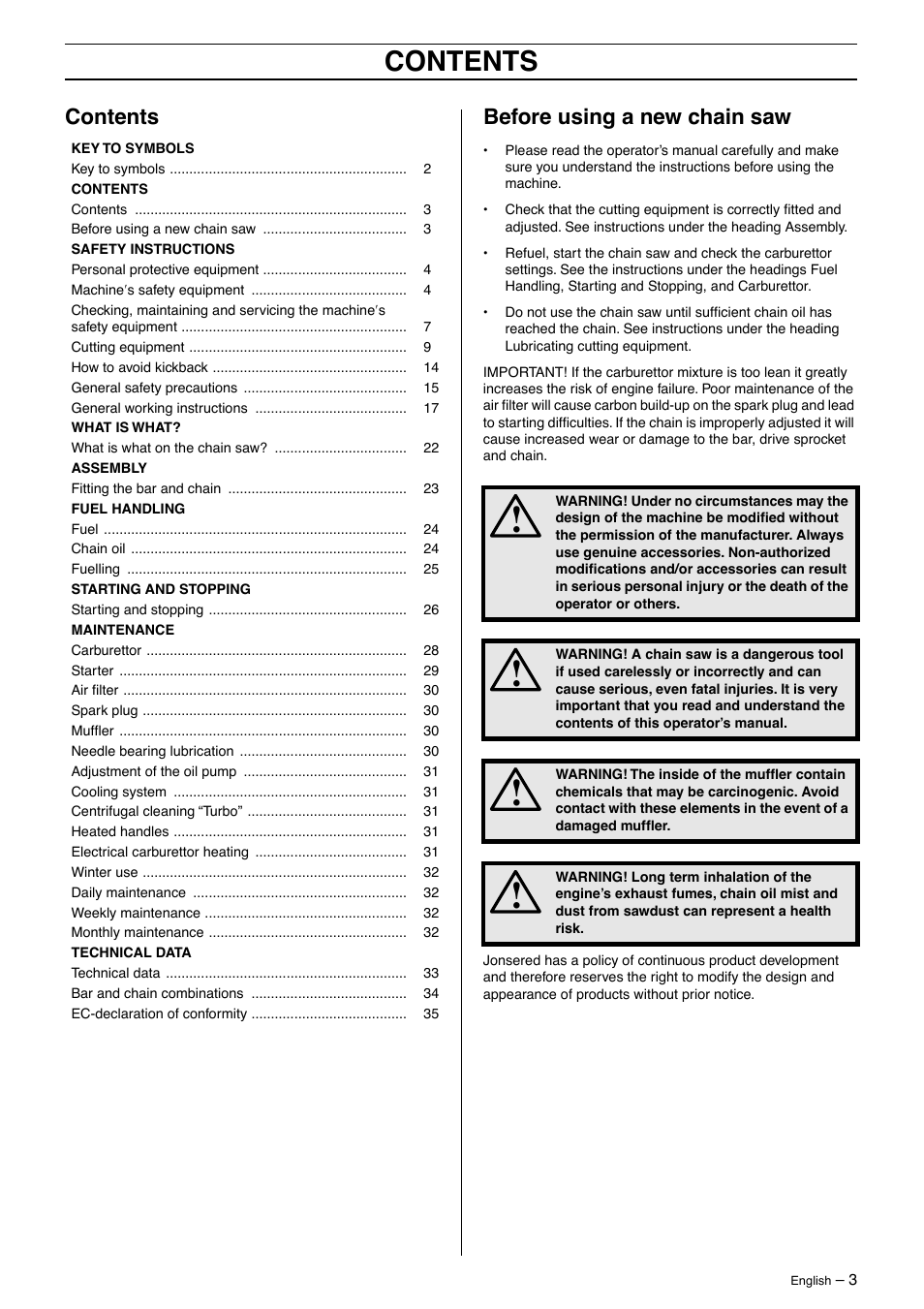 Jonsered CS2163 User Manual | Page 3 / 36
