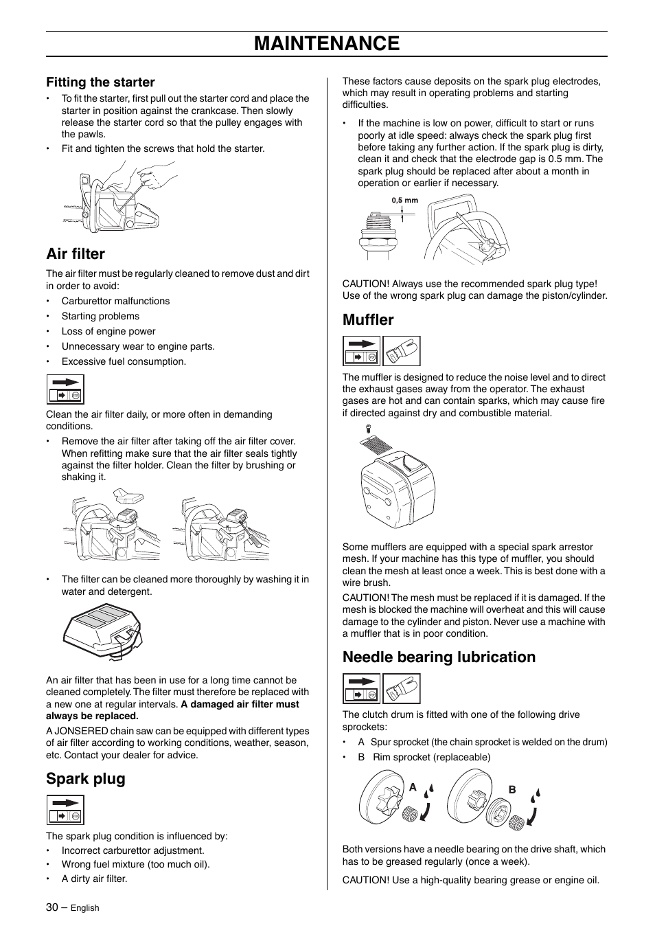 Fitting the starter, Air filter, Spark plug | Muffler, Needle bearing lubrication, Maintenance | Jonsered CS2163 User Manual | Page 30 / 36