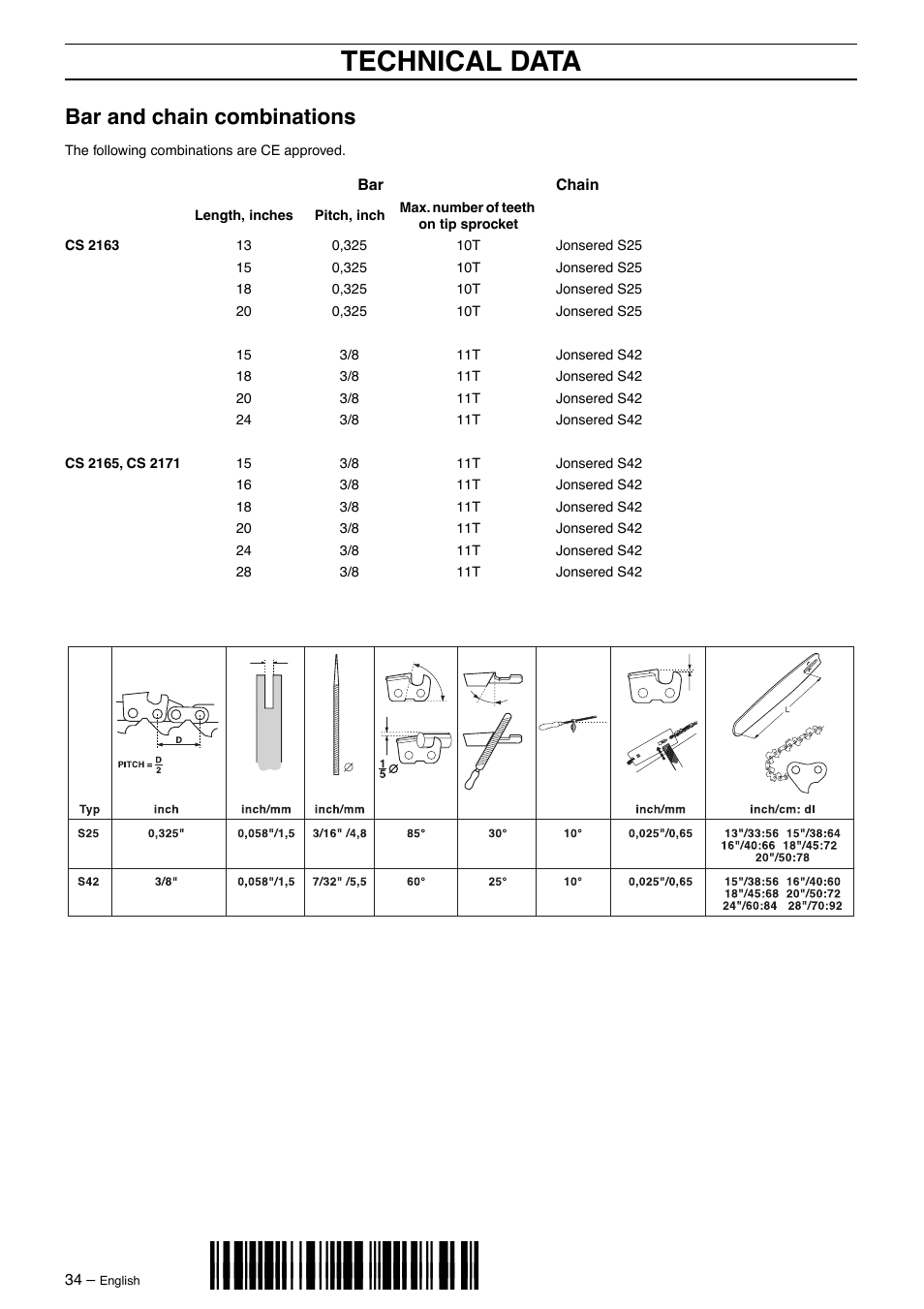 Bar and chain combinations, Z*xy^¶6, Technical data | Jonsered CS2163 User Manual | Page 34 / 36