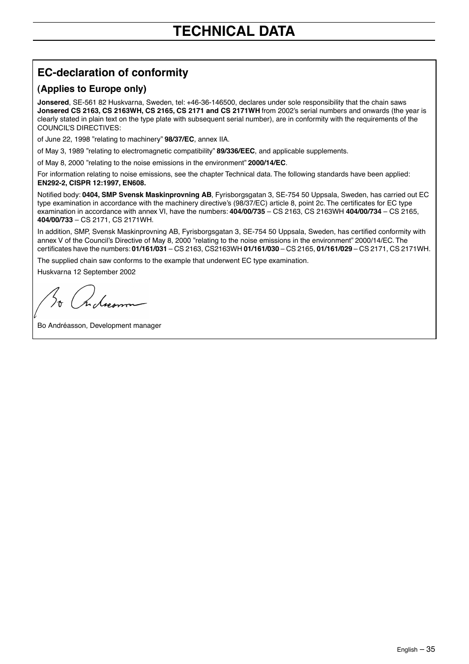 Ec-declaration of conformity, Applies to europe only), Technical data | Jonsered CS2163 User Manual | Page 35 / 36