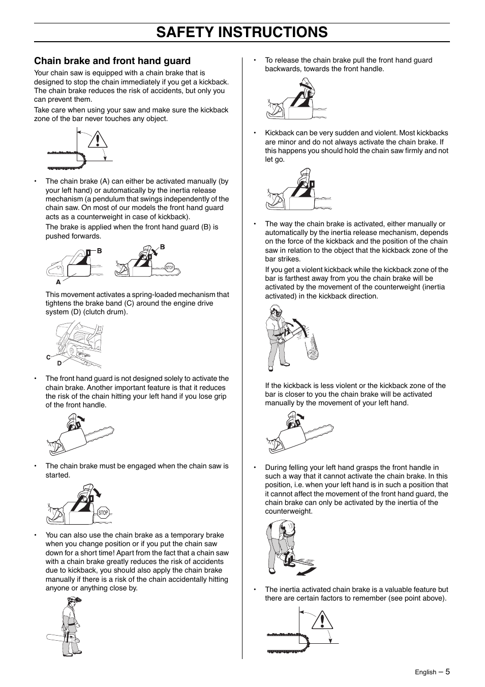 Chain brake and front hand guard, Safety instructions | Jonsered CS2163 User Manual | Page 5 / 36